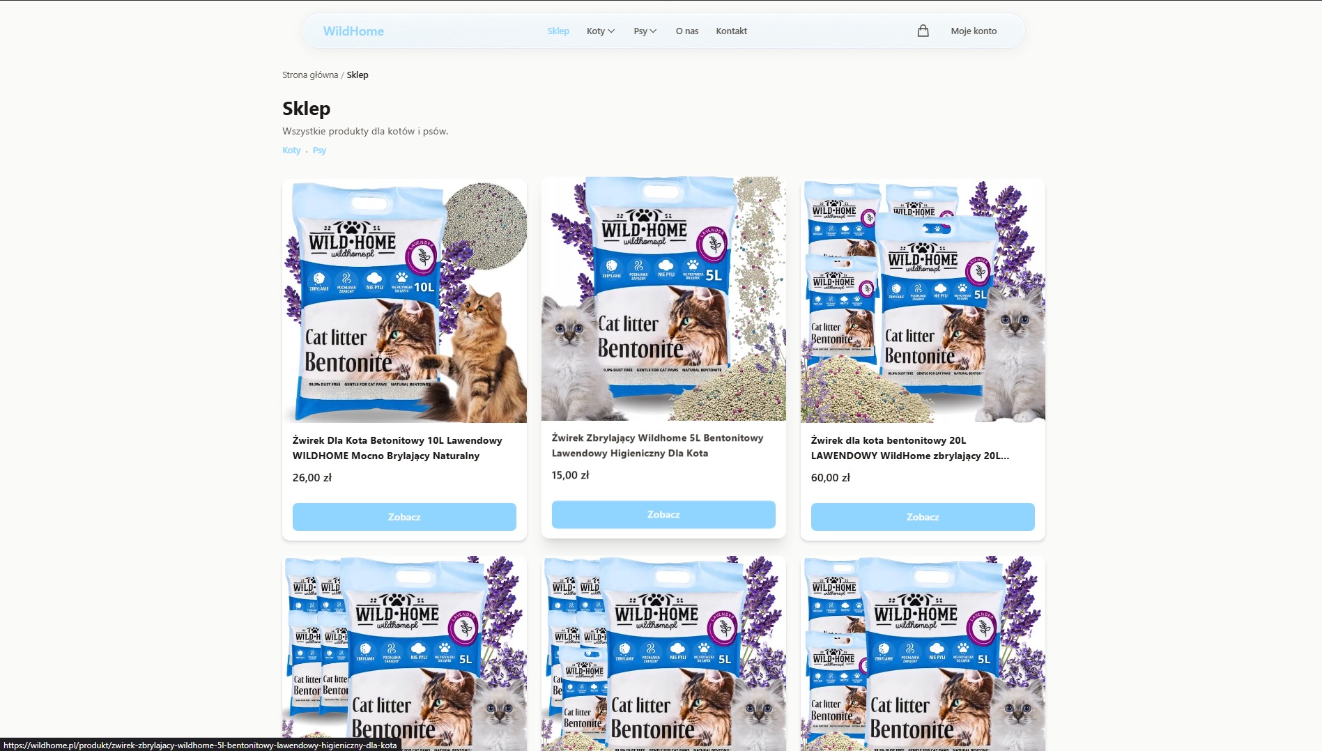 Sklep internetowy WildHome: oferta żwirków bentonitowych dla kotów o różnych pojemnościach (5L, 10L, 20L) z lawendą. Produkty prezentowane na białym tle.