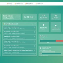 Przyszłosc jest dzisiaj Dominik Szymanski - Ekran systemu Focusapp: kalendarz wizyt, powiadomienia, statystyki przychodów i specjalistów. Zegar wskazuje 12:10. Widoczne dane o wizytach i specjalistach.