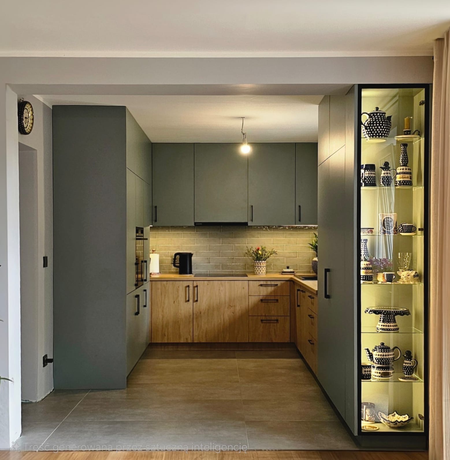 Nowoczesna kuchnia z drewnianymi frontami i szarymi szafkami. Podświetlana witryna z ceramiką w stylu Bolesławiec. Ujęcie z perspektywy wejścia.