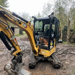 Roboty ziemne 24 - Żółta mini koparka CAT na błotnistym terenie z psem w kabinie, w tle drzewa i drewniana konstrukcja. Maszyna gotowa do pracy.