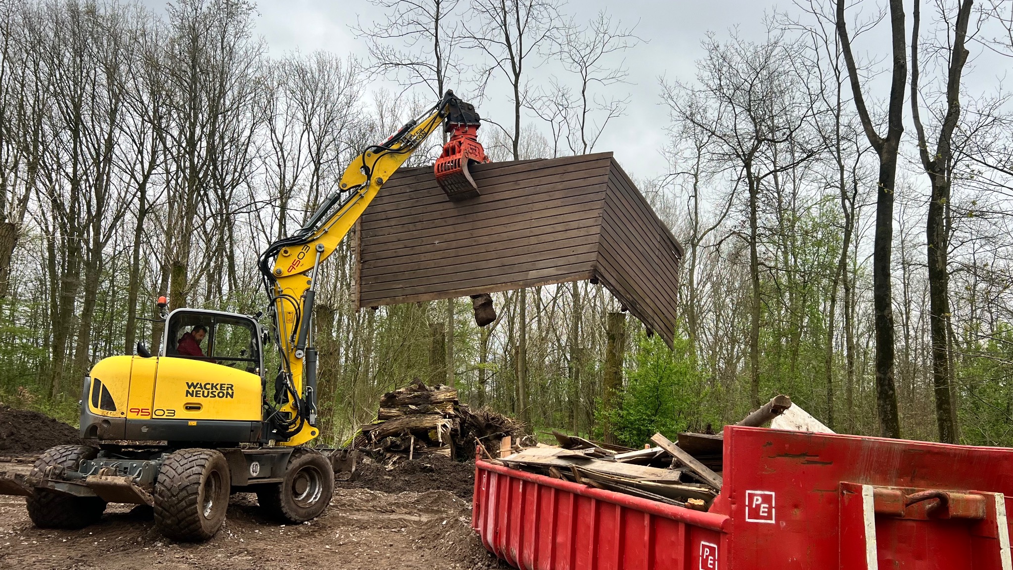 Żółta koparka Wacker Neuson z chwytakiem demontuje drewnianą konstrukcję na tle lasu i czerwonego kontenera na gruz. Widoczne ślady po pracy ziemnej.