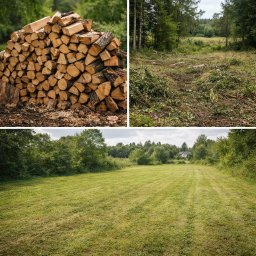 Dominik Sosnowski - Kolaż: stos drewna, teren po wycince drzew i równo skoszony trawnik. Prezentacja usług ogrodniczych i leśnych, w tym koszenia trawy i wycinki drzew.