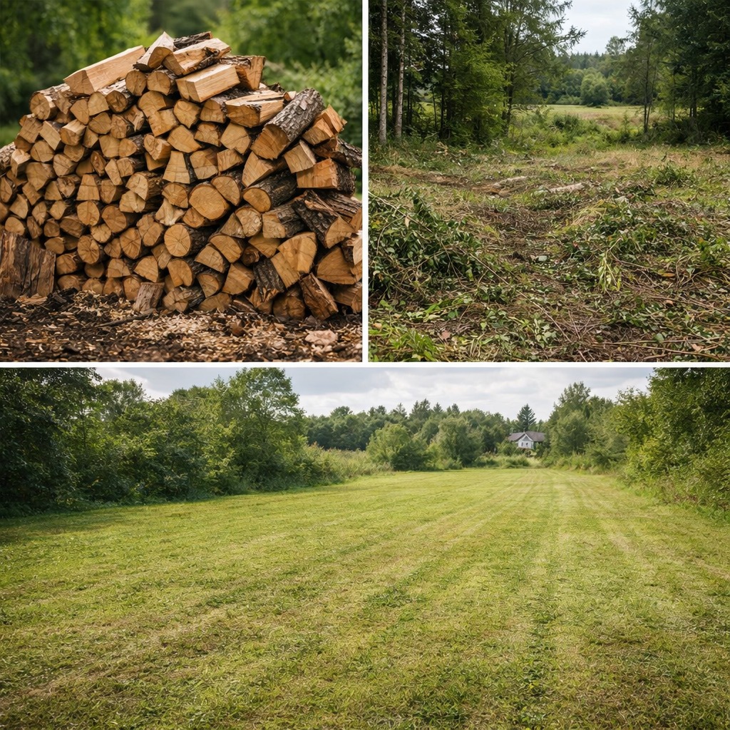 Kolaż: stos drewna, teren po wycince drzew i równo skoszony trawnik. Prezentacja usług ogrodniczych i leśnych, w tym koszenia trawy i wycinki drzew.