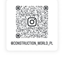 Sławomir Skoworodko - Biały kwadrat z kodem QR i logo Instagrama, prowadzący do profilu @CONSTRUCTION_WORLD_PL. Kod otoczony czarnymi punktami na białym tle.