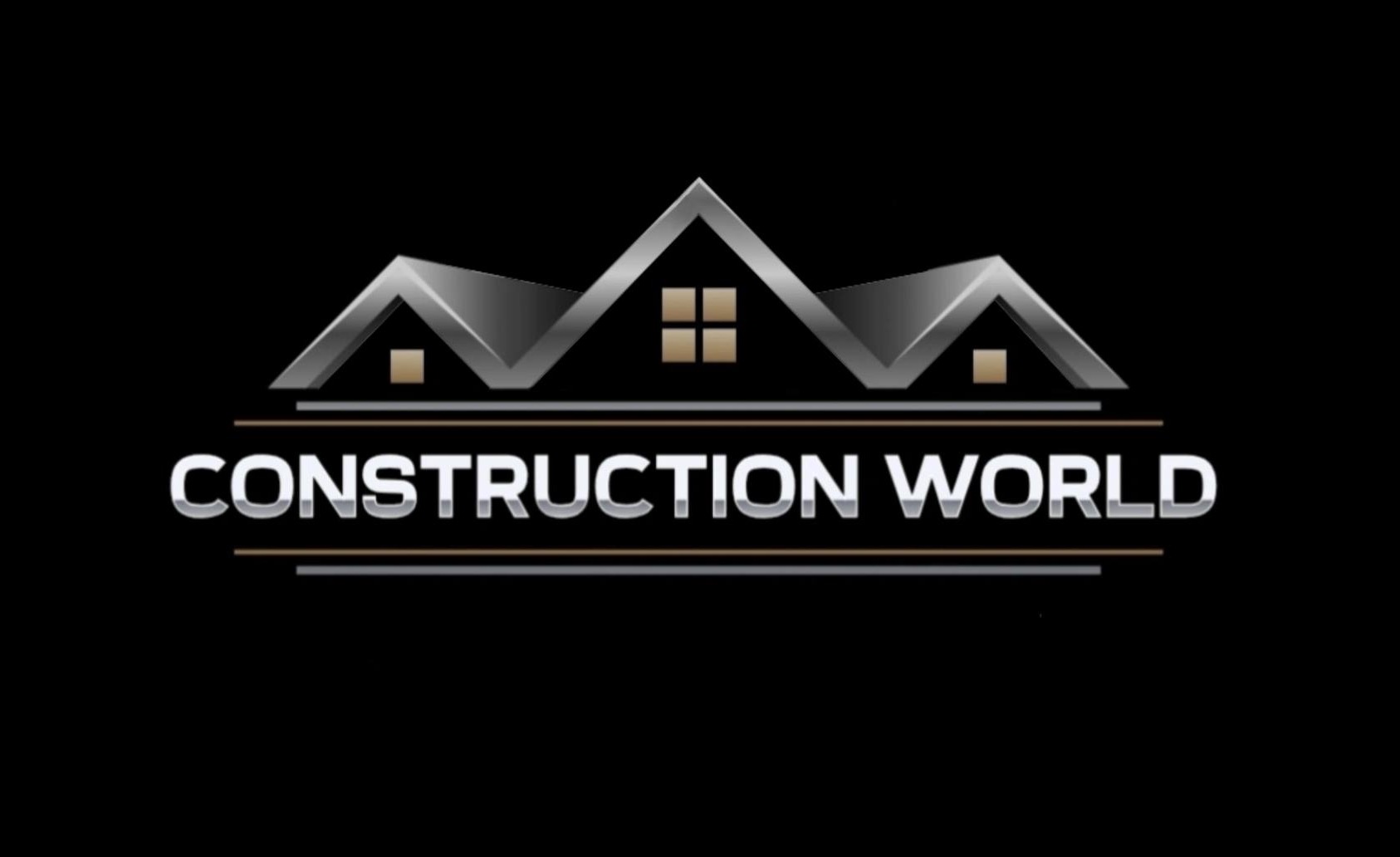 Logo firmy budowlanej 'Construction World' z motywem domu w srebrnej kolorystyce na czarnym tle. Minimalistyczny design z poziomymi liniami.