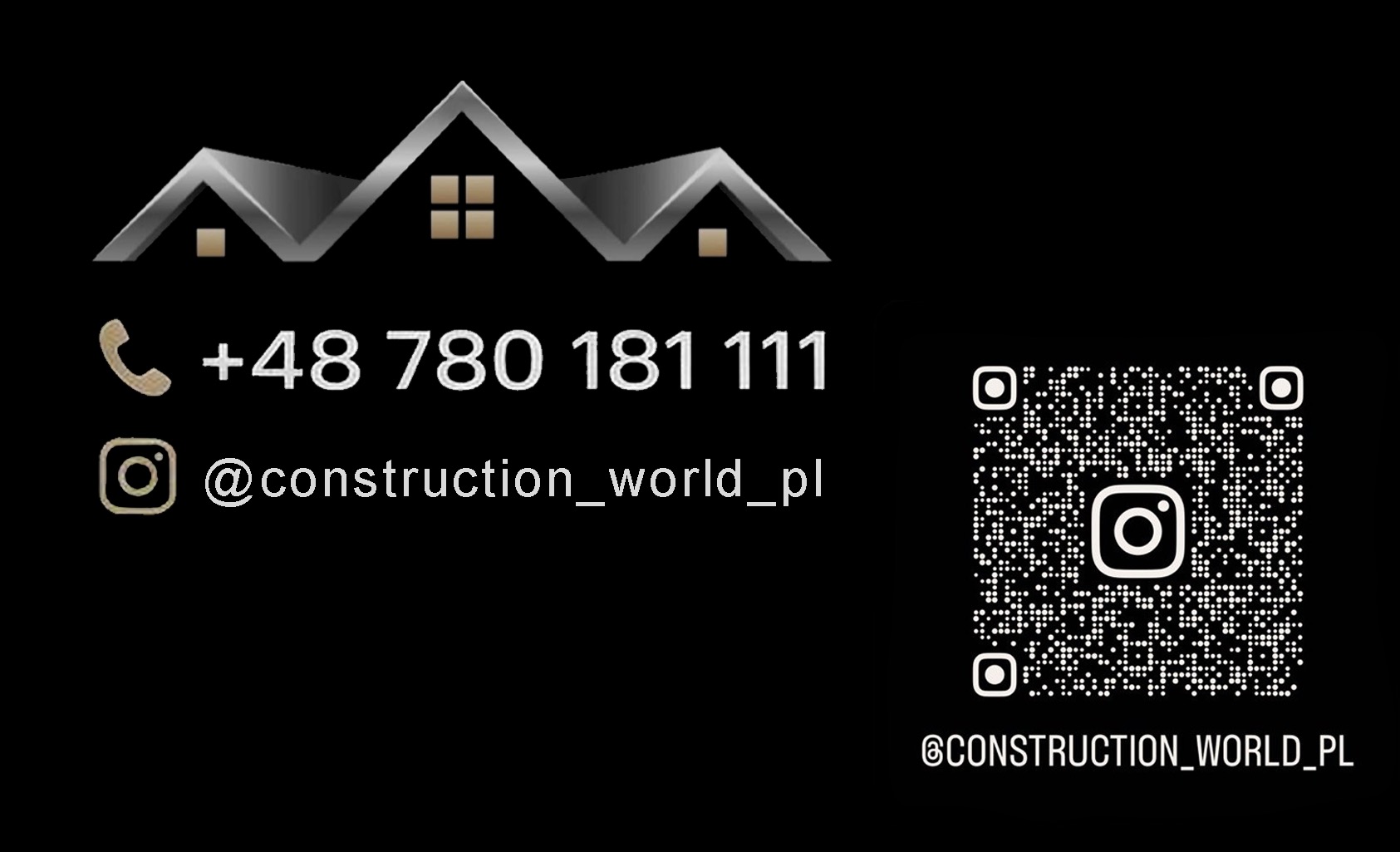 Wizytówka firmy budowlanej z logo w kształcie dachu, numerem telefonu, adresem Instagram i kodem QR na czarnym tle.