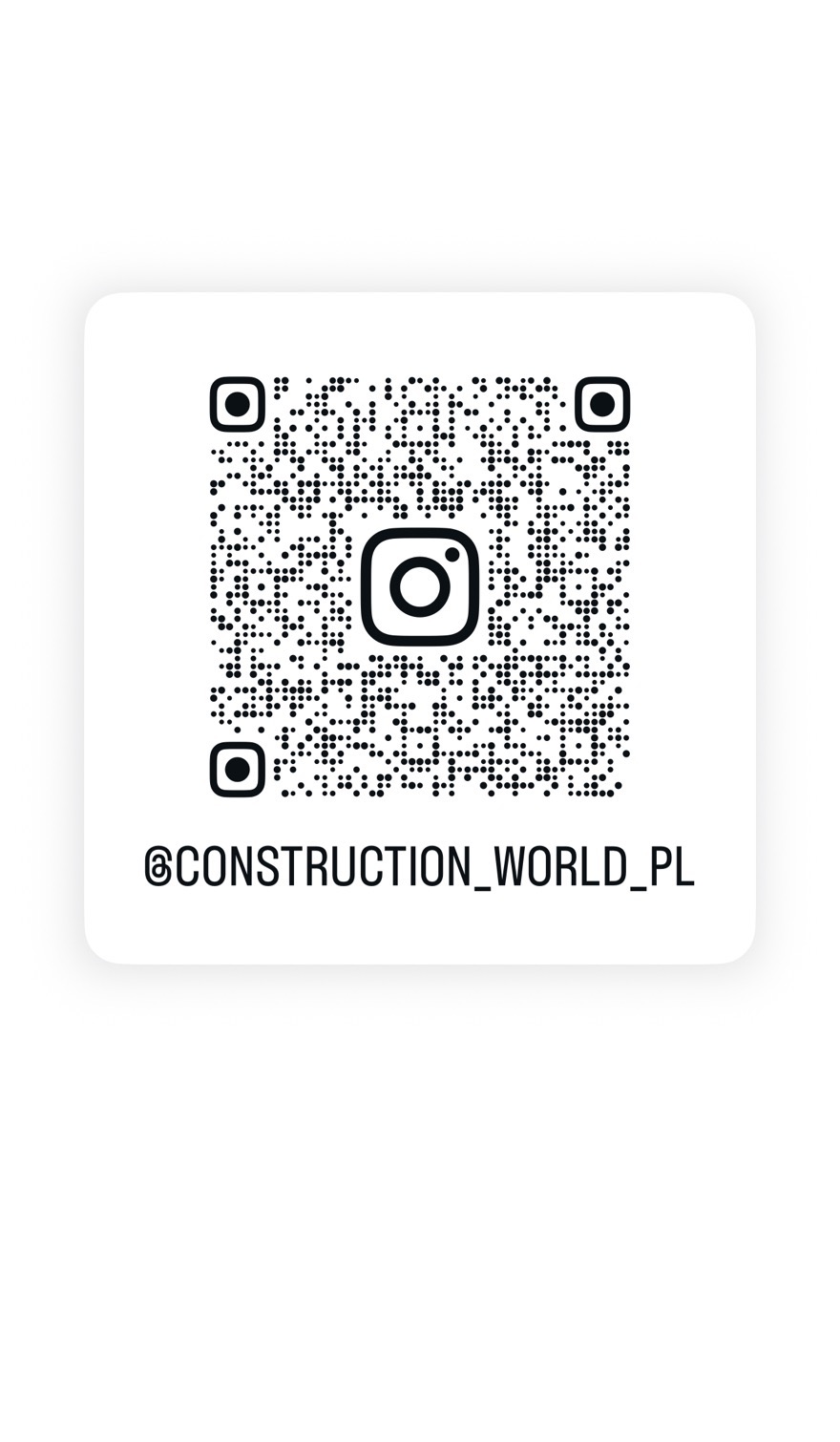 Biały kwadrat z kodem QR i logo Instagrama, prowadzący do profilu @CONSTRUCTION_WORLD_PL. Kod otoczony czarnymi punktami na białym tle.