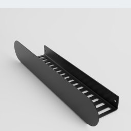 Bogusław Pytel BP Company - Czarna, metalowa konstrukcja z podłużnymi otworami, prawdopodobnie element balustrady lub poręczy, na jasnym tle. Widok z perspektywy.