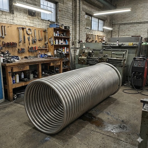 Spiralna rura ze stali nierdzewnej w warsztacie ślusarskim, narzędzia na ścianie, tokarka w tle. Precyzyjne gięcie rur, metalowa konstrukcja.