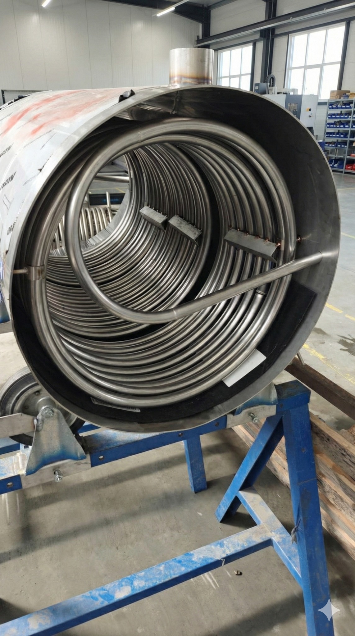 Spiralna konstrukcja z rur nierdzewnych wewnątrz metalowego cylindra, wsparta na niebieskim, metalowym stelażu. Widoczne spawy i elementy mocujące.