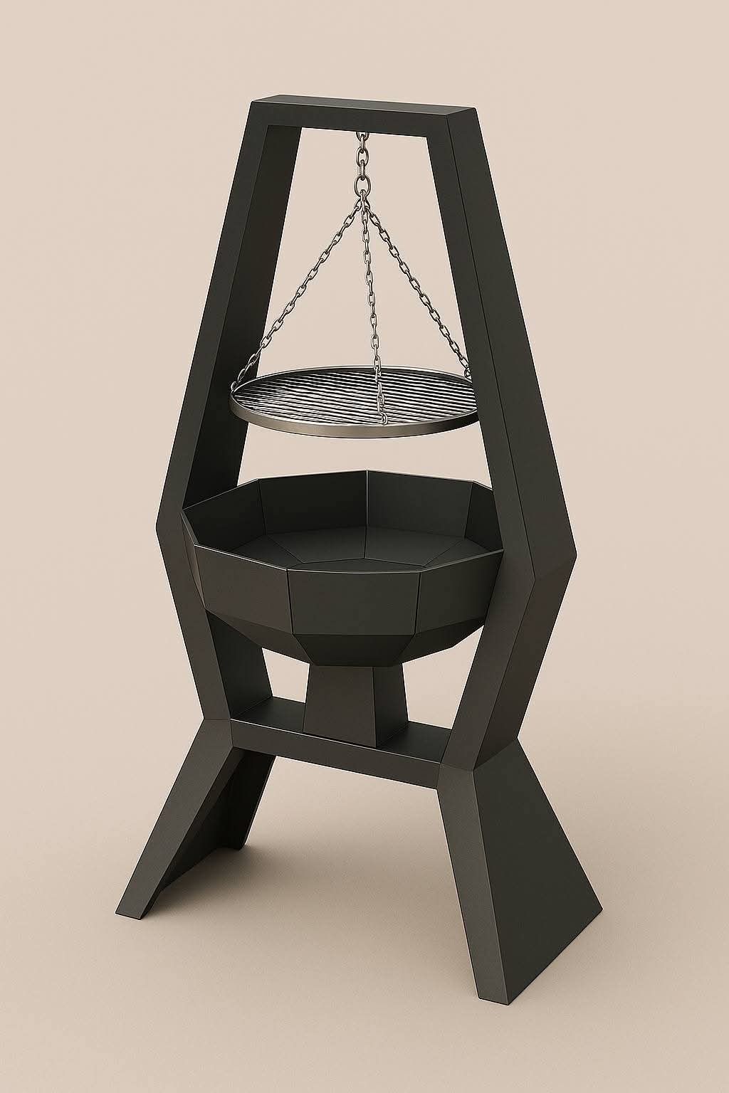 Czarna, geometryczna pergola metalowa z rusztem na łańcuchach, na jasnym tle. Minimalistyczny design, ostre krawędzie, nowoczesny styl.