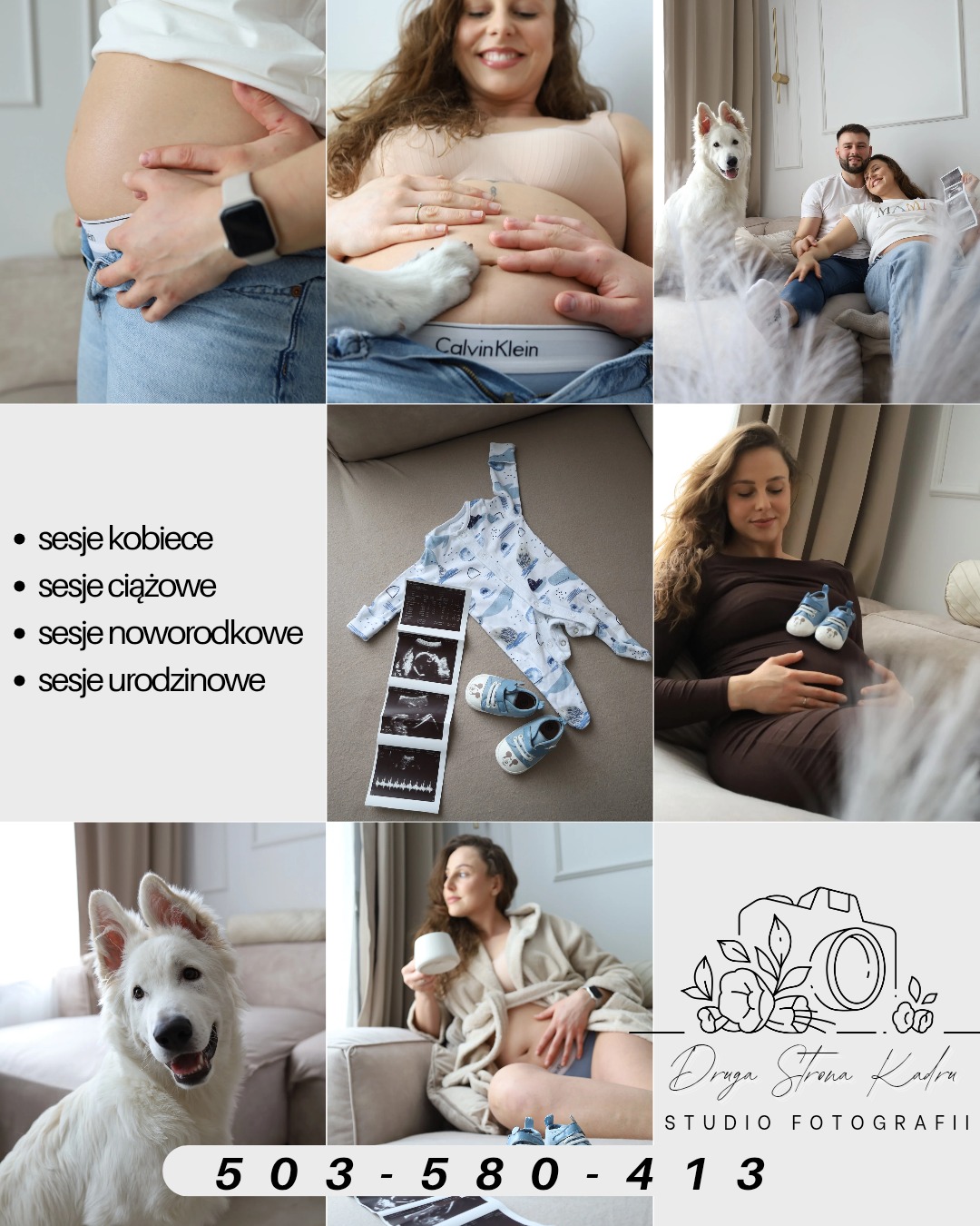 Kolaż zdjęć: sesje ciążowe, kobiece i noworodkowe. Widoczne kobiety w ciąży, USG, ubranka dziecięce, pies rasy owczarek szwajcarski oraz logo studia fotograficznego.