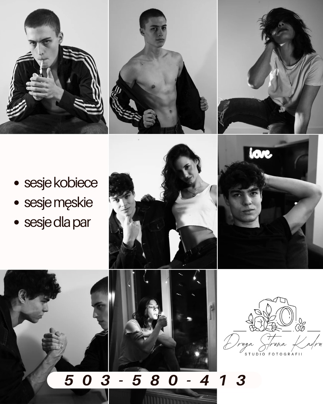 Czarno-biały kolaż zdjęć: sesje kobiece, męskie i dla par. Ujęcia studyjne i w plenerze, różnorodne pozy i stylizacje. W tle logo studia fotograficznego i numer telefonu.