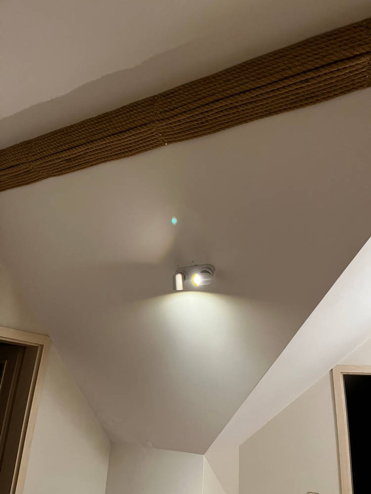 Zamontowana, nowoczesna lampa sufitowa z dwoma reflektorami, oświetlająca białe wnętrze z dekoracyjnym elementem z liny na suficie. Minimalistyczny design.