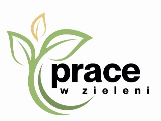 Grafika: stylizowane zielone liście i napis 'prace w zieleni' w czerni. Jasne tło, minimalistyczny design, sugerujący usługi ogrodnicze lub związane z zielenią.