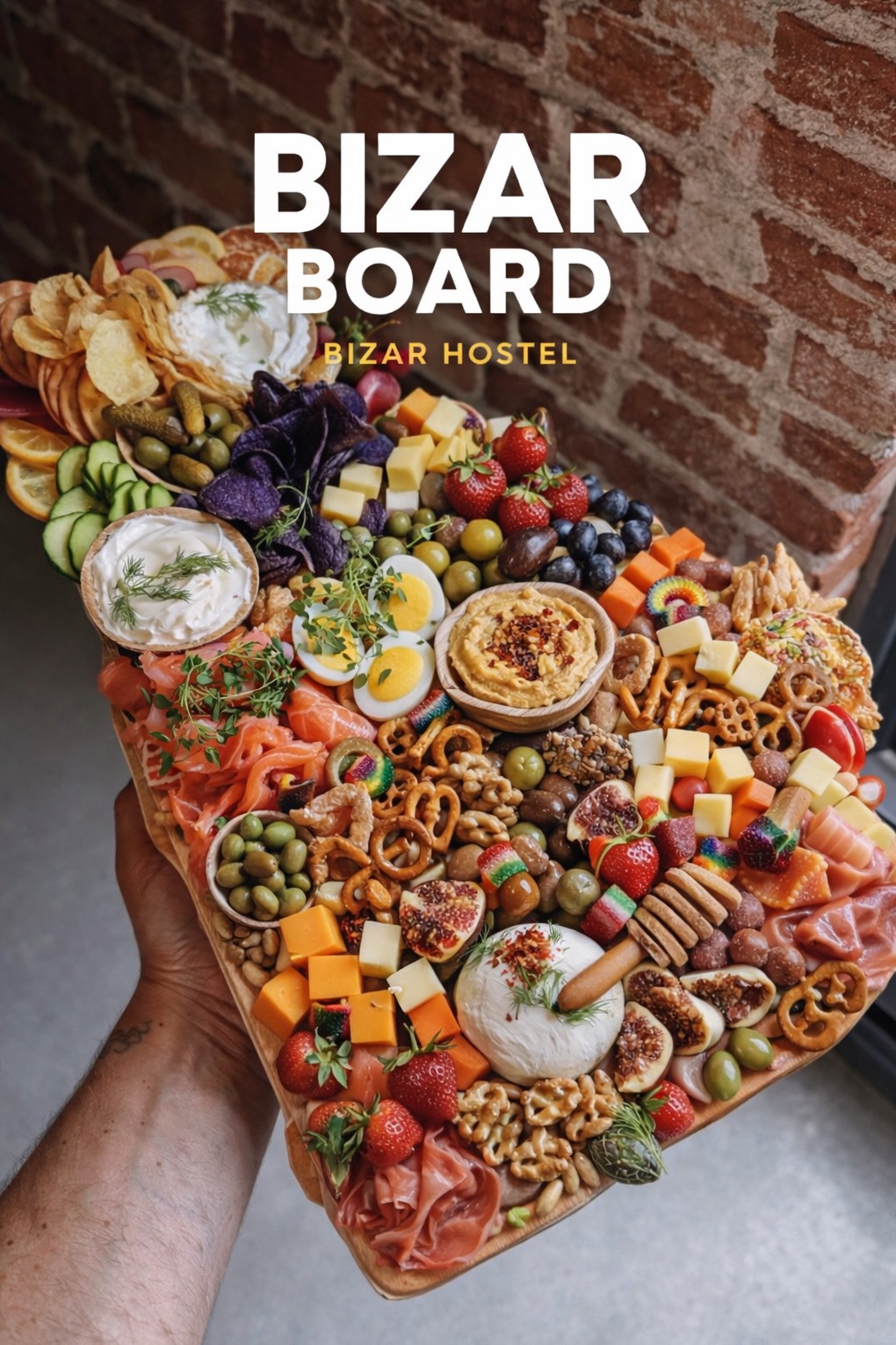 Bogato zdobiona deska przekąsek z różnorodnymi smakołykami: sery, owoce, warzywa, wędliny, dipy, orzechy i precle. Idealna na imprezę lub spotkanie w gronie przyjaciół.