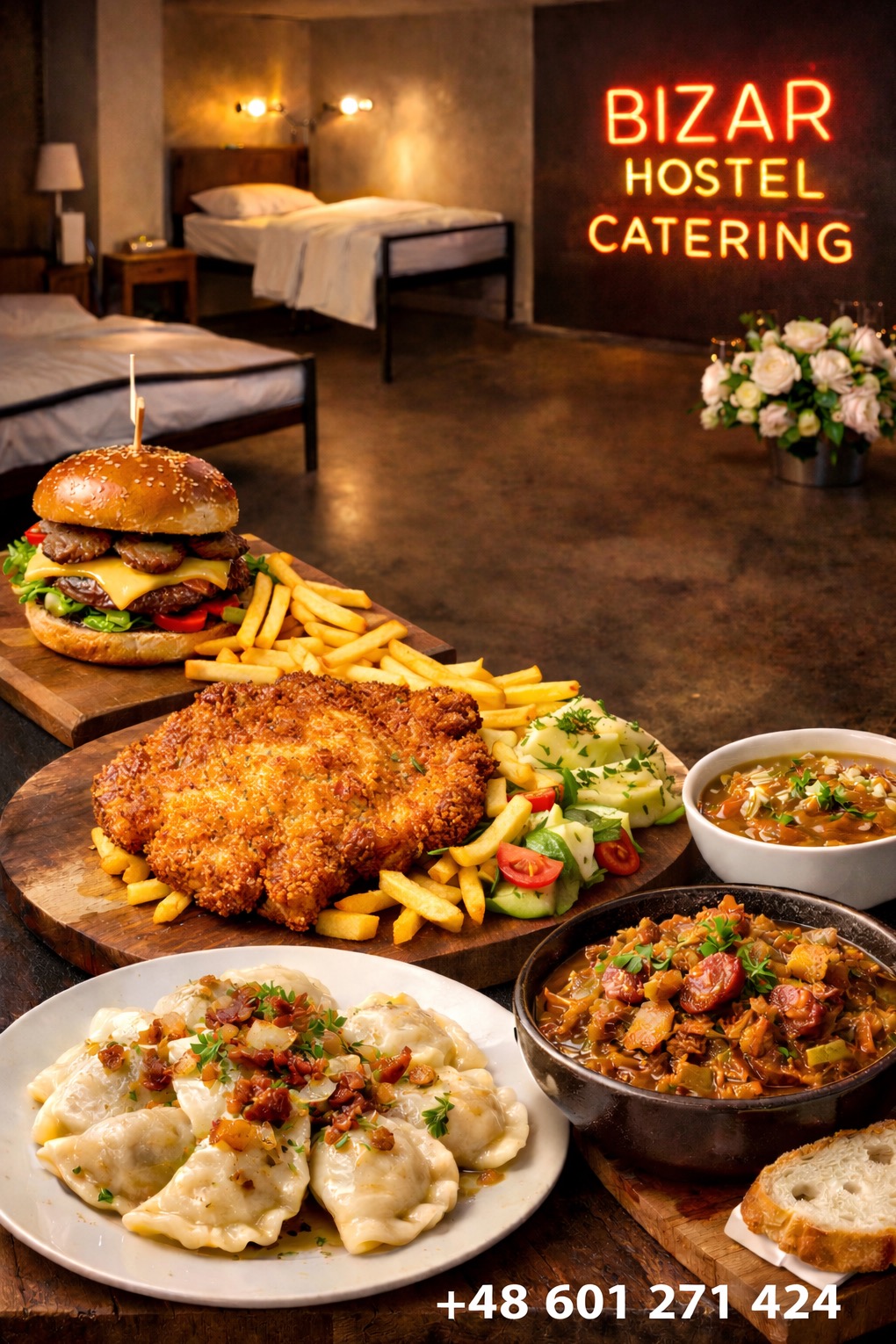 Świąteczny catering: burger, schabowy, pierogi, bigos i zupa na drewnianych deskach. W tle łóżka i neon 'BIZAR HOSTEL CATERING'.