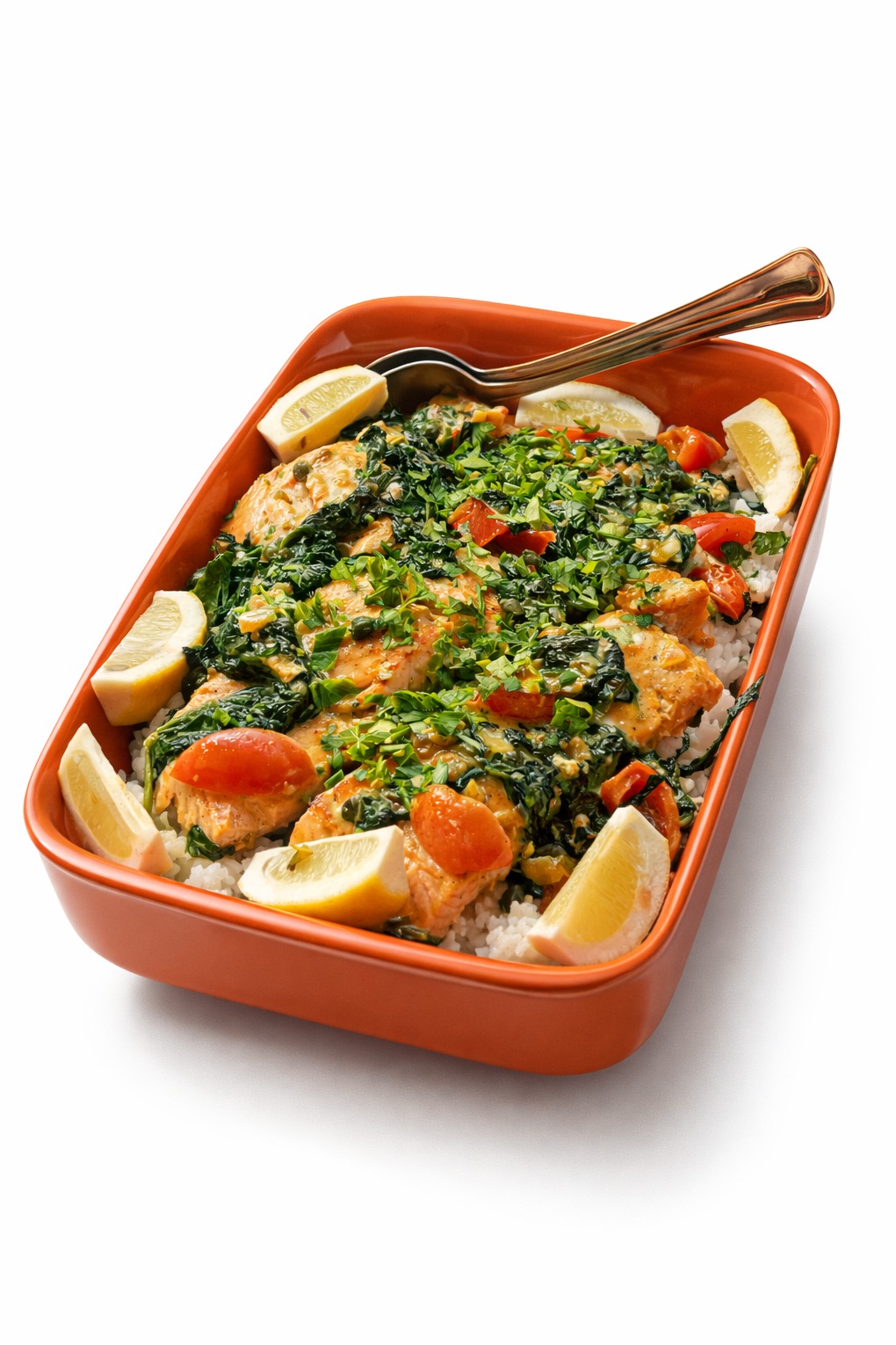 Danie z łososia, szpinaku, pomidorów i cytryny, podane na ryżu w pomarańczowym naczyniu. Złota łyżka obok. Idealne na świąteczny stół.