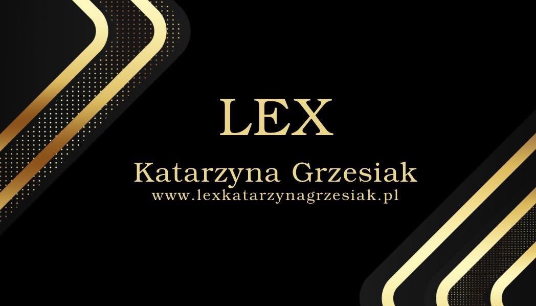 Eleganckie logo LEX Katarzyna Grzesiak z adresem strony www na czarnym tle z geometrycznymi, złotymi zdobieniami w rogach. Minimalistyczny design.