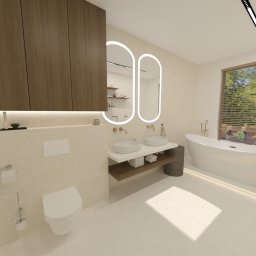 SPACE CONCEPT- PROJEKTOWANIE WNĘTRZ JOANNA MACIEJEWSKA - Elegancka łazienka z owalną wanną, podwójną umywalką i podświetlanymi lustrami. Ciepłe oświetlenie i drewniane akcenty tworzą przytulną atmosferę.