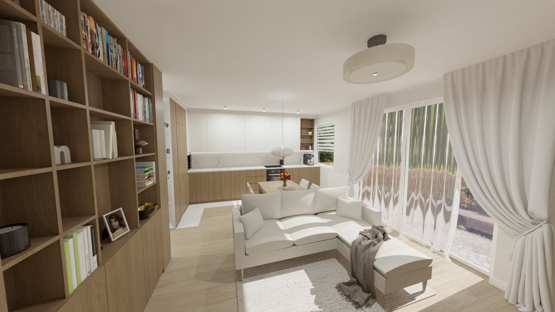 Wizualizacja jasnego salonu z otwartą kuchnią. Biała sofa narożna, drewniany regał z książkami i duże okno z białymi zasłonami tworzą przytulną przestrzeń.