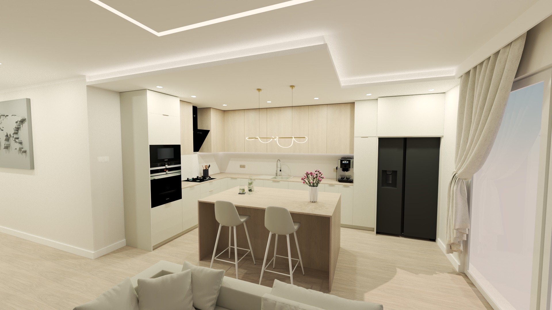 Wizualizacja nowoczesnej kuchni z wyspą, białymi szafkami i drewnianymi akcentami. Dwie białe hokery przy wyspie, kwiaty w wazonie. Minimalistyczny design, jasne oświetlenie.