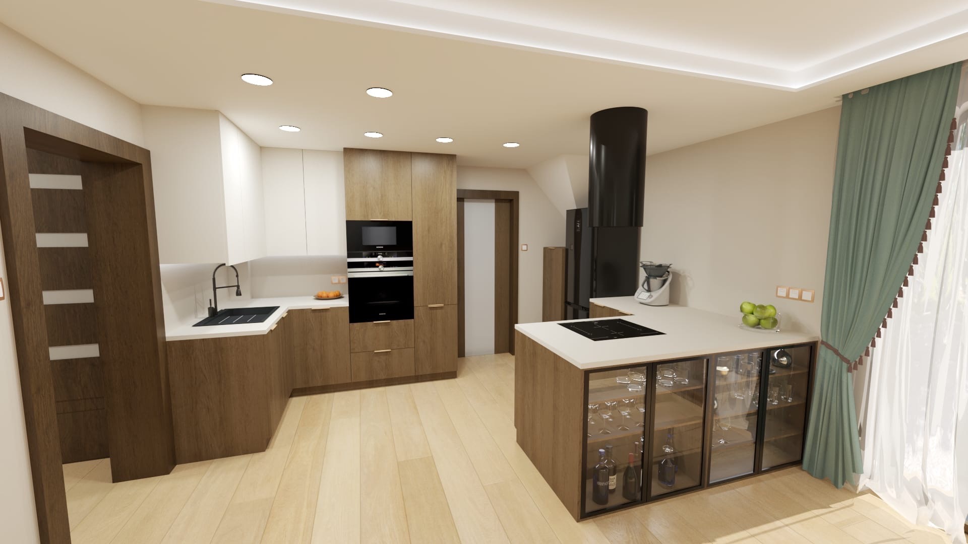 Wnętrze kuchni z drewnianymi szafkami, czarnym okapem i wyspą z przeszklonymi szafkami na wino. Nowoczesny design z elementami naturalnego drewna i jasnymi blatami.