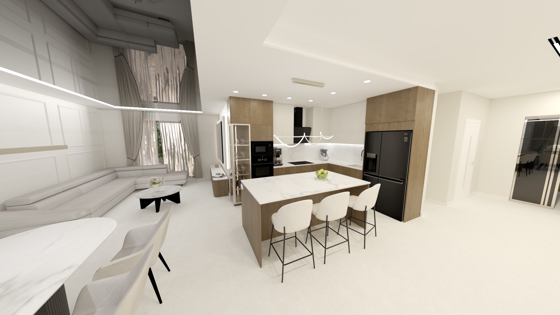 Nowoczesne wnętrze: salon z aneksem kuchennym w jasnej tonacji. Minimalistyczny design, marmurowy blat wyspy kuchennej, eleganckie krzesła barowe i sofa.