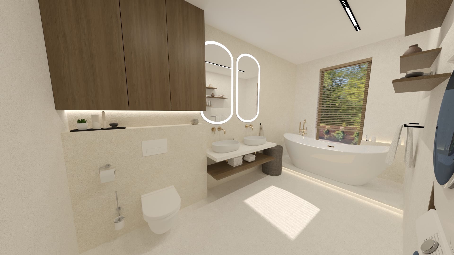 Elegancka łazienka z owalną wanną, podwójną umywalką i podświetlanymi lustrami. Ciepłe oświetlenie i drewniane akcenty tworzą przytulną atmosferę.