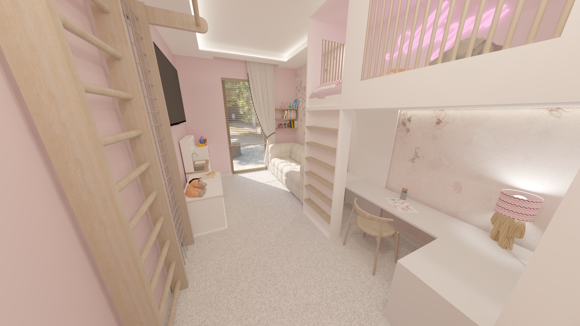 Pokój dziecięcy w odcieniach różu z łóżkiem na antresoli, biurkiem i drabinką gimnastyczną. Jasne, przestronne wnętrze z elementami dekoracyjnymi i zabawkami.