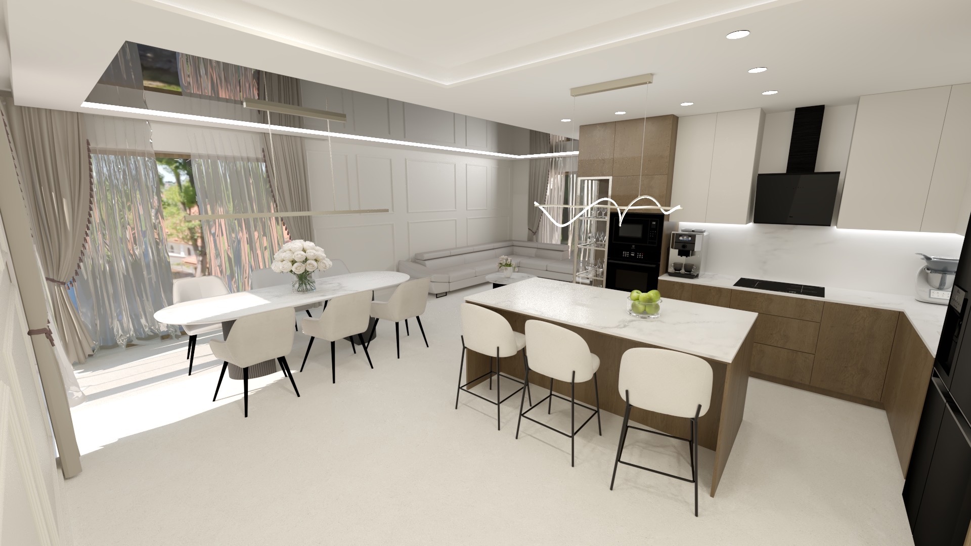 Wnętrze nowoczesnej kuchni z wyspą, białymi krzesłami barowymi i stołem jadalnym. Widoczne elementy dekoracyjne i oświetlenie. Całość utrzymana w jasnej kolorystyce.