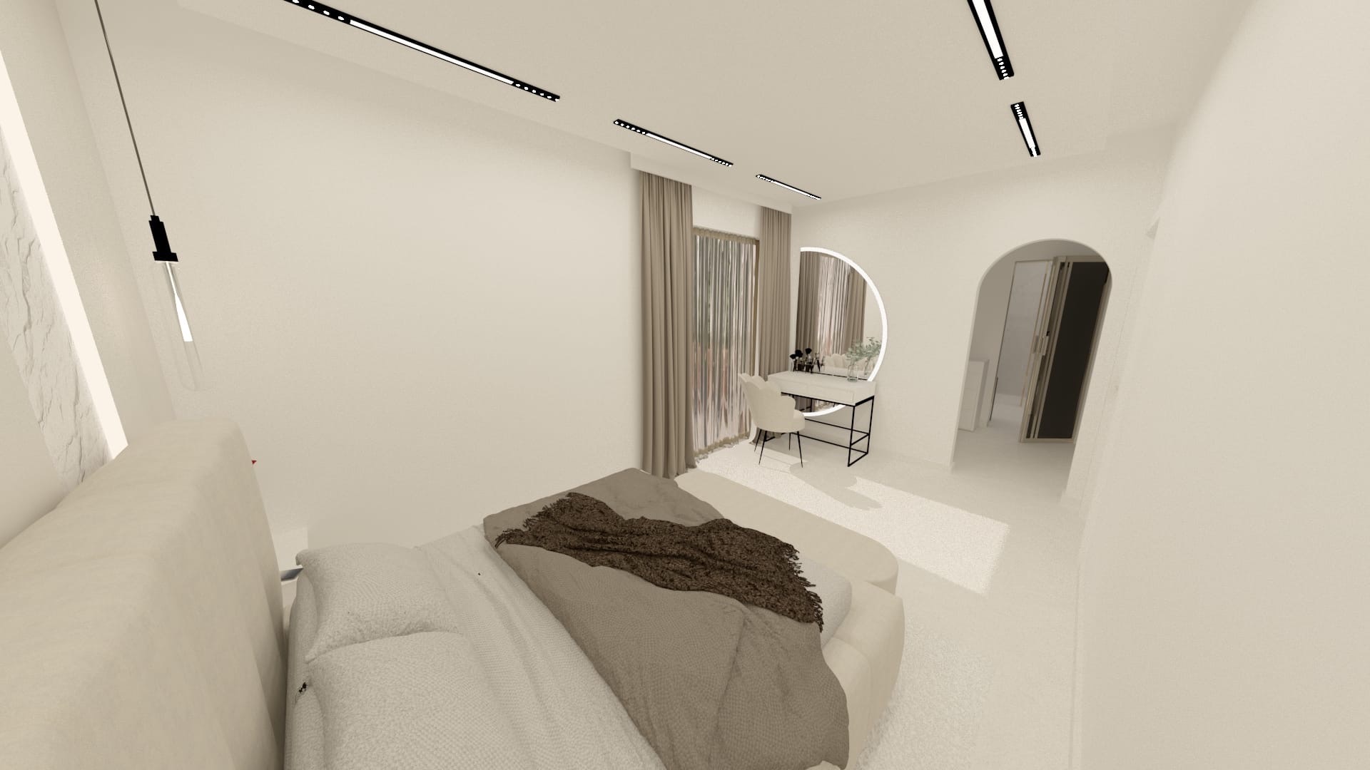 Jasna sypialnia z łóżkiem, toaletką z lustrem i oknem z zasłonami. Minimalistyczny design z oświetleniem liniowym i łukowym przejściem do innego pomieszczenia.