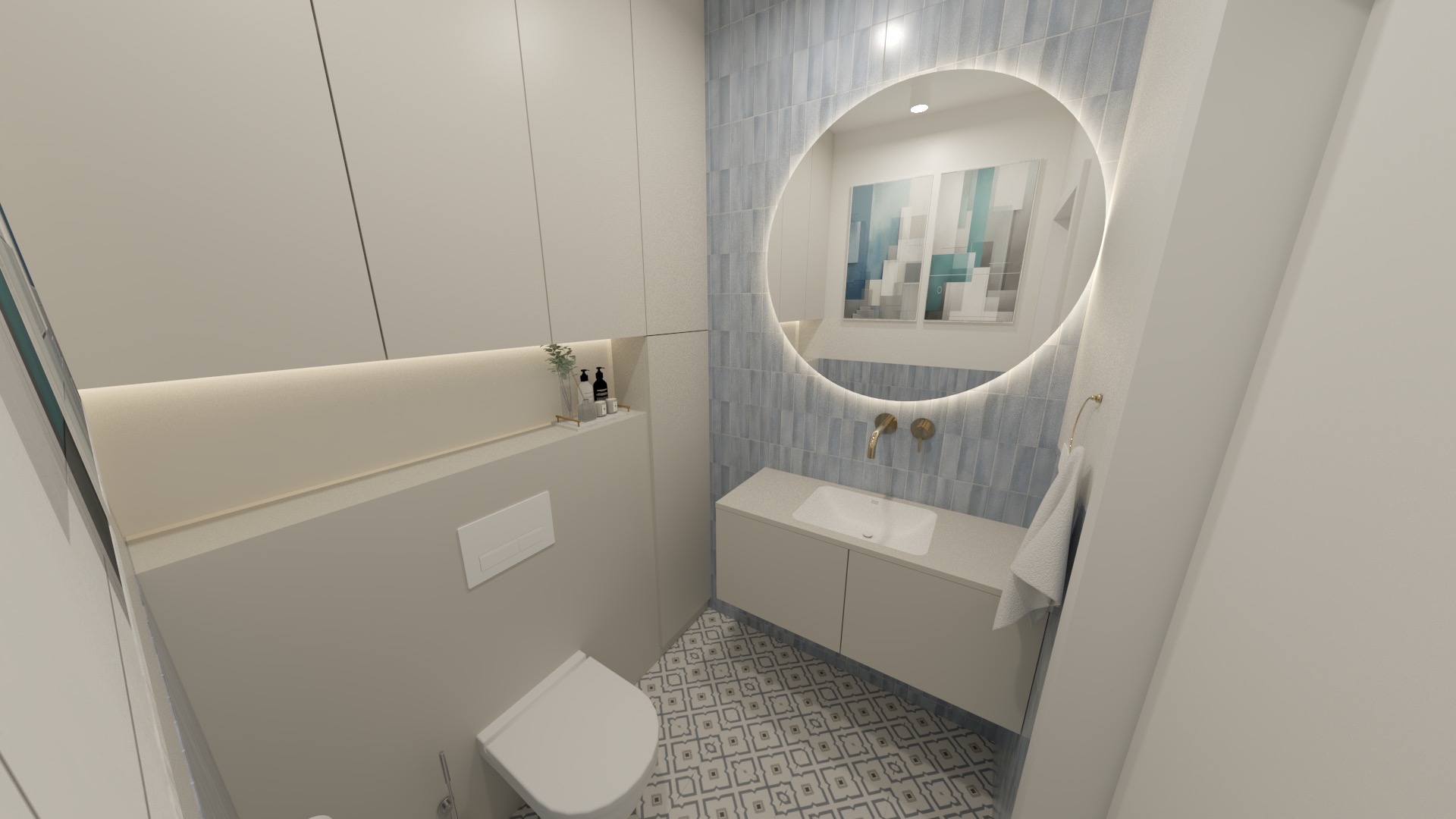 Nowoczesna łazienka z okrągłym lustrem podświetlanym LED, umywalką w szafce i toaletą. Błękitne płytki na ścianie i wzorzysta podłoga. Minimalistyczny design.