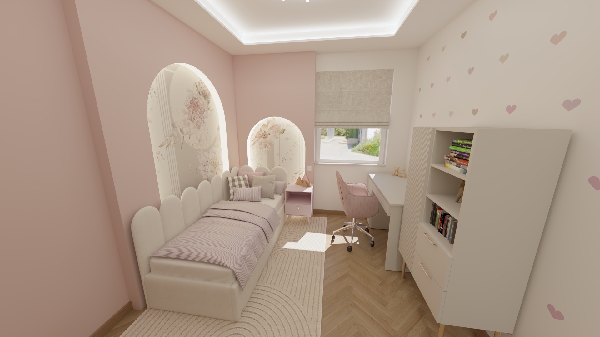 Pokój dziecięcy w pastelowych barwach z łóżkiem, biurkiem i regałem. Dekoracyjne łuki z motywem kwiatowym i serduszka na ścianie dodają uroku. Przytulne i funkcjonalne wnętrze.