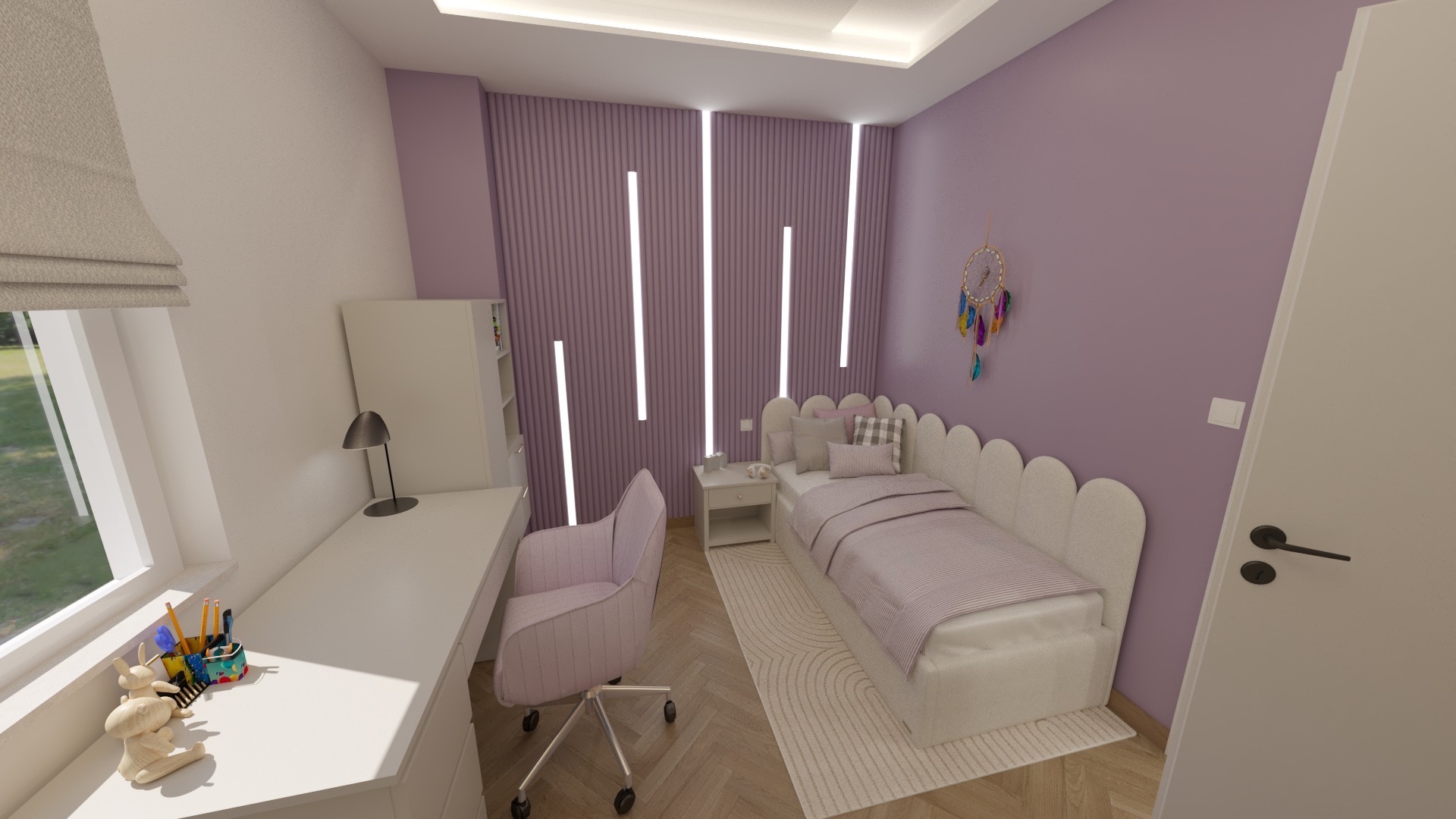 Pokój dziecięcy w odcieniach fioletu z biurkiem, łóżkiem z wezgłowiem w kształcie chmur i dekoracyjnym łapaczem snów na ścianie. Nowoczesny design.