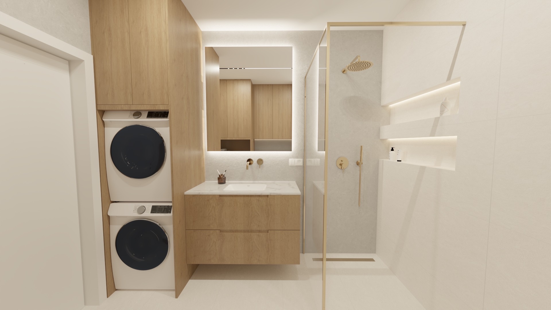 Nowoczesna łazienka z drewnianymi akcentami: szafka pod umywalką, pralka z suszarką w zabudowie, kabina prysznicowa ze złotymi detalami i podświetlane półki.