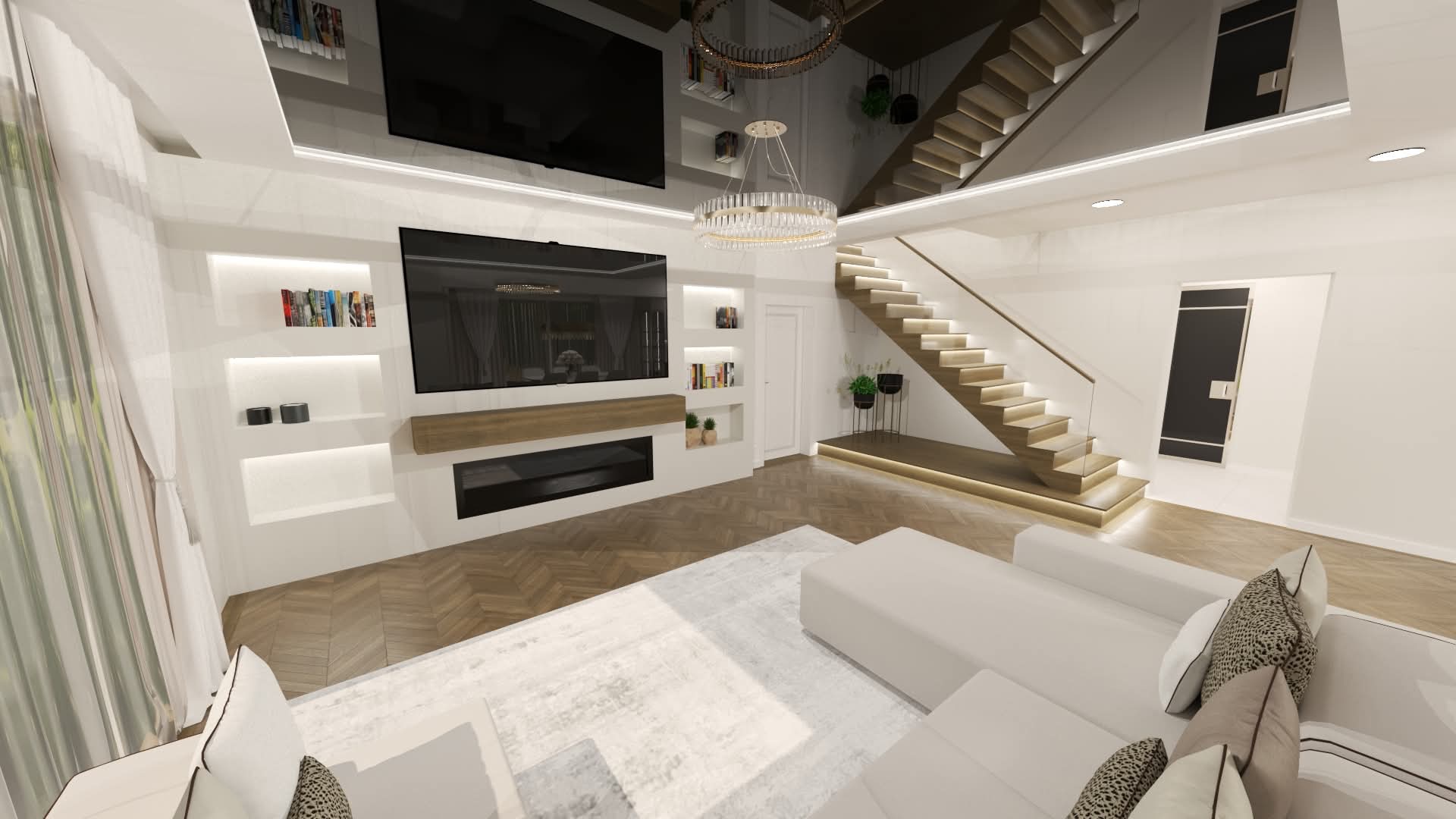 Nowoczesny salon z białymi meblami, schodami z podświetleniem LED, dużym telewizorem i dekoracyjnym oświetleniem. Parkiet w jodełkę i minimalistyczny design.