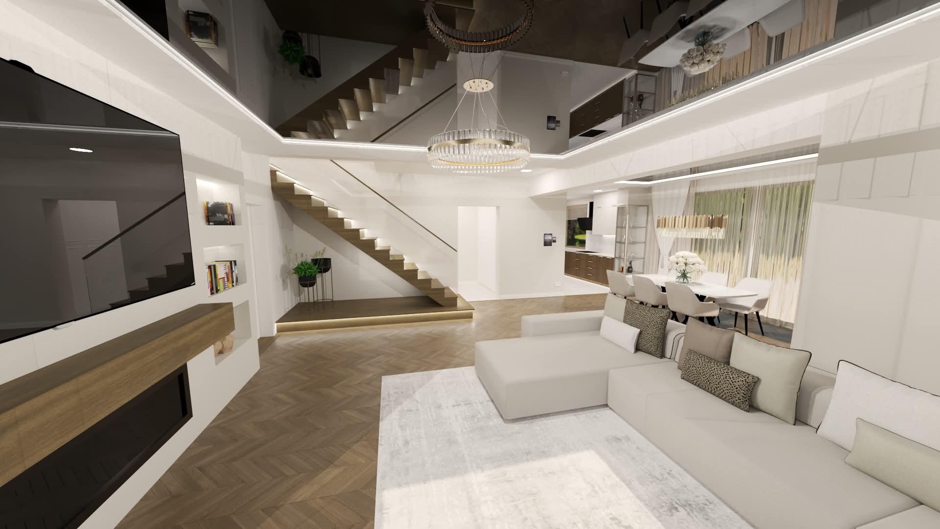 Wnętrze przestronnego salonu z schodami i jadalnią w Sierpcu. Nowoczesny design z jasną sofą, drewnianą podłogą i eleganckim oświetleniem.