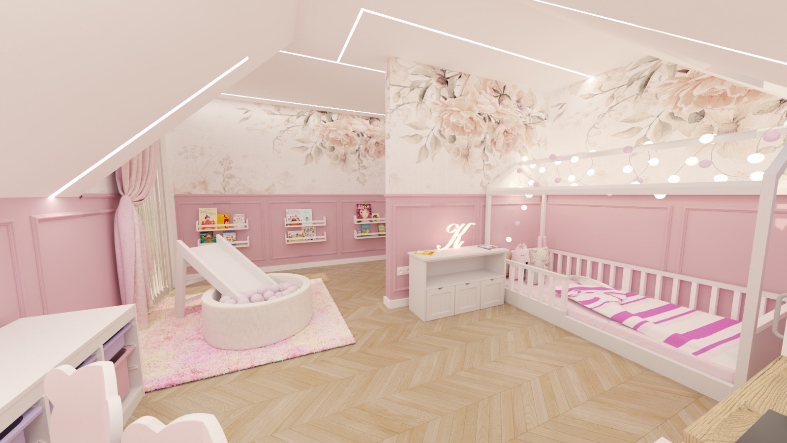 Różowy pokój dziecięcy na poddaszu z łóżkiem w kształcie domku, zjeżdżalnią do basenu z kulkami i tapetą w kwiaty. Oświetlenie LED podkreśla skosy.