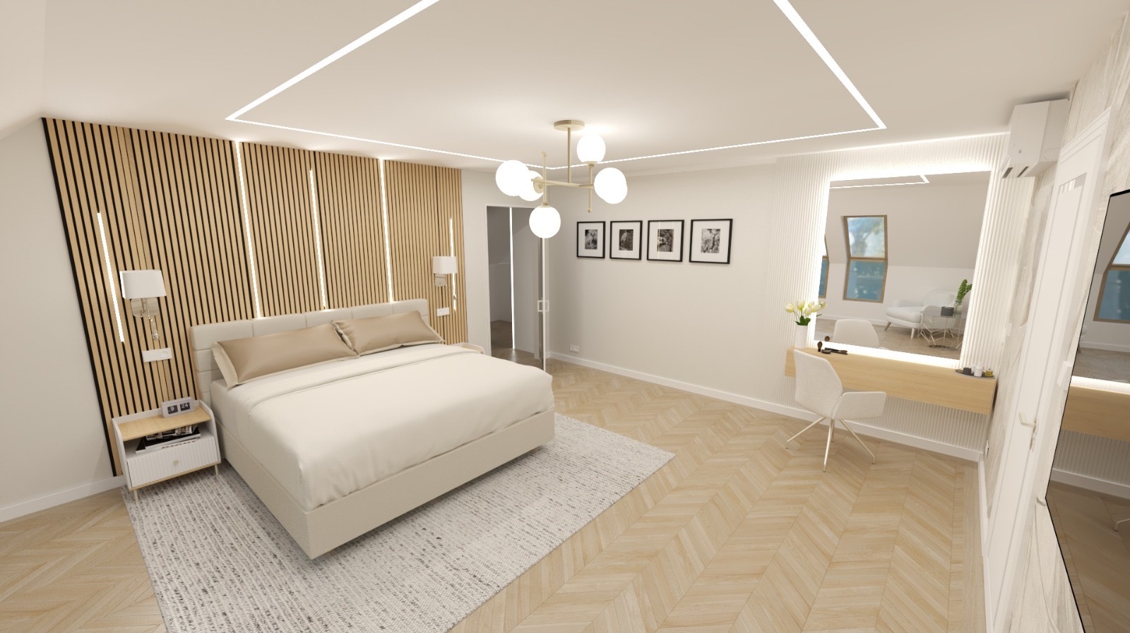 Jasna sypialnia z drewnianą ścianą, łóżkiem, toaletką z lustrem i parkietem w jodełkę. Nowoczesne oświetlenie sufitowe i minimalistyczny design.