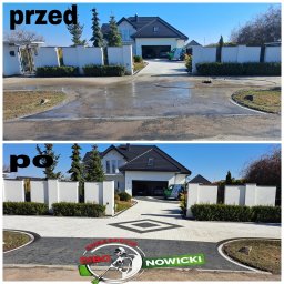 Mycie Nowicki Ambasador DiBO Norbert Nowicki - Zdjęcie 'przed i po' czyszczenia kostki brukowej na podjeździe do domu. Widoczna różnica w kolorze i czystości kostki. Na dole logo firmy wykonującej usługę.