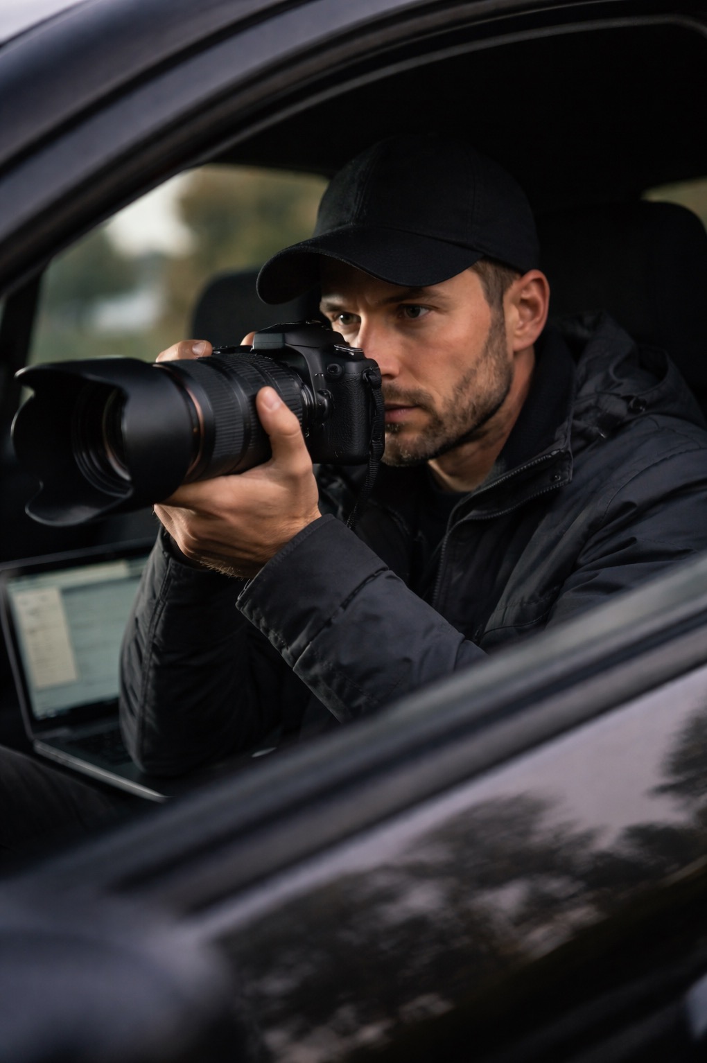 Mężczyzna w aucie, z aparatem fotograficznym, prawdopodobnie detektyw w trakcie obserwacji, z laptopem na siedzeniu pasażera.