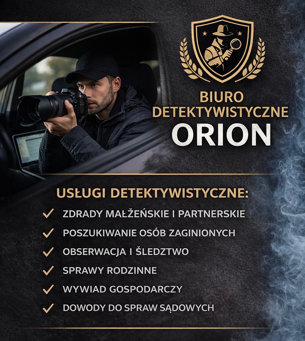 Biuro detektywistyczne Orion: detektyw w aucie z aparatem, logo z lupą i listą usług (zdrady, poszukiwania, obserwacja, sprawy rodzinne, wywiad, dowody).