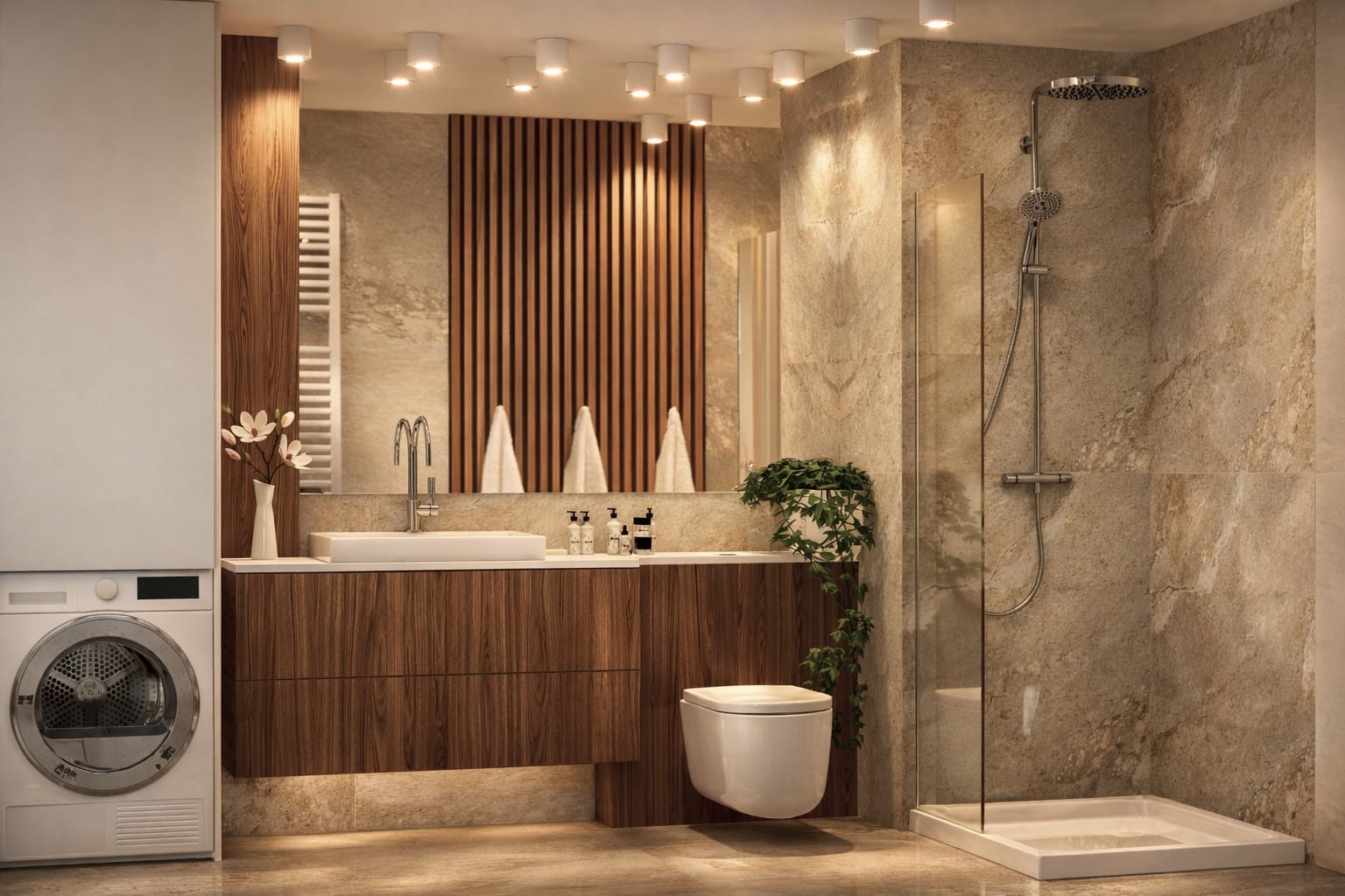 Nowoczesna łazienka z drewnianą zabudową umywalki, kabiną prysznicową ze szklaną ścianką i pralką. Beżowe płytki imitujące kamień na ścianach i podłodze.