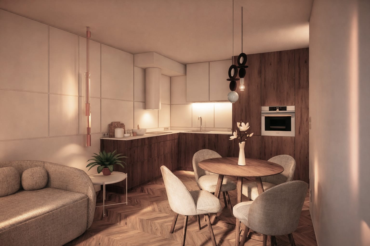 Nowoczesna aranżacja wnętrza: drewniana kuchnia z jadalnią, designerskie lampy wiszące i parkiet w jodełkę. Minimalistyczny styl, ciepłe oświetlenie.