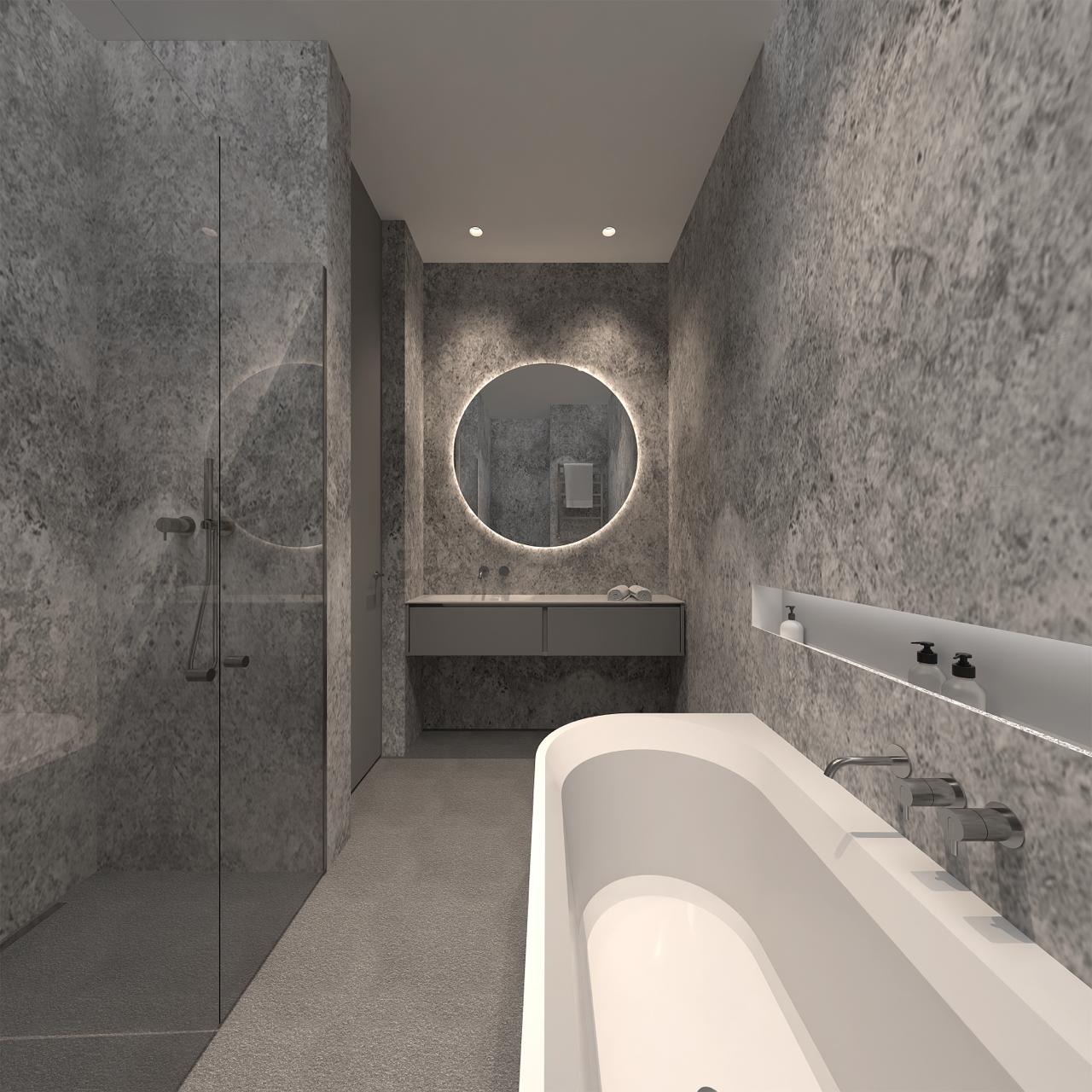 Nowoczesna łazienka z kabiną prysznicową, okrągłym lustrem z podświetleniem i białą wanną. Szare ściany z efektem kamienia, minimalistyczny design.