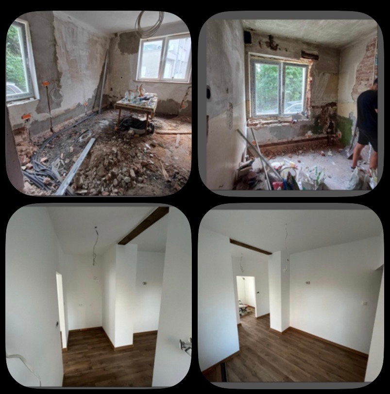 Remont mieszkania: kolaż 'przed' (skute ściany, instalacje) i 'po' (białe ściany, drewniana podłoga). Widok na odnowione wnętrze z surowego stanu.
