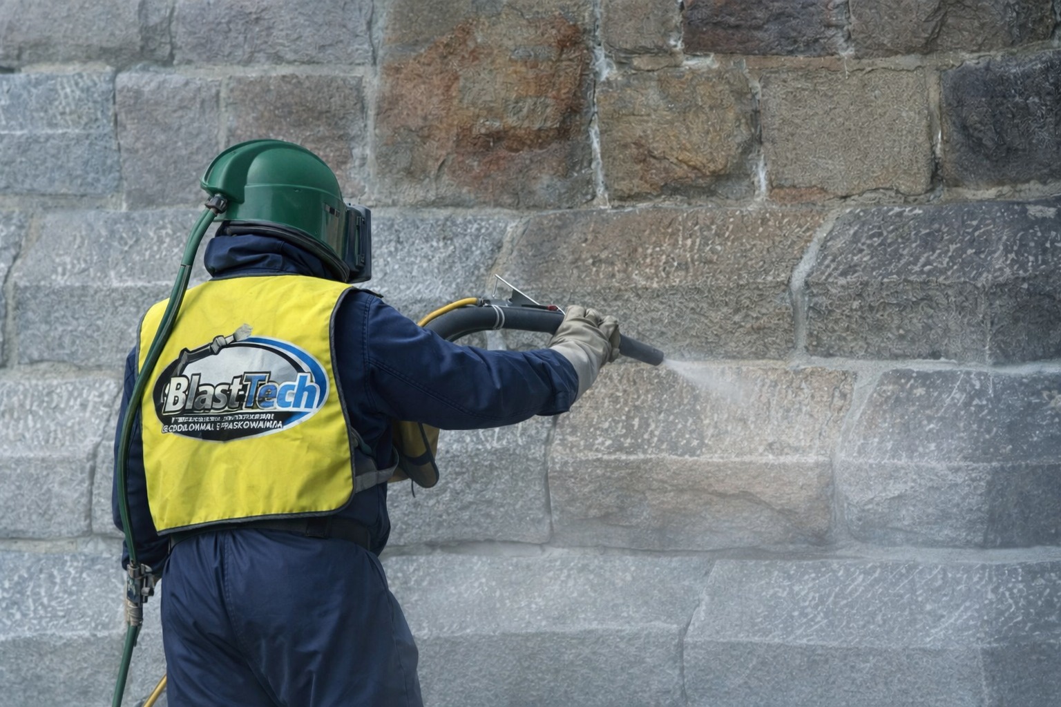 Pracownik w hełmie i kamizelce z logo BlastTech czyści kamienną elewację strumieniem wody pod ciśnieniem, usuwając zabrudzenia i odsłaniając czystą powierzchnię.