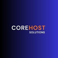 Logo firmy Corehost Solutions na gradientowym tle, z białym napisem 'COREHOST' i pomarańczowym 'SOLUTIONS' poniżej. Minimalistyczny design.