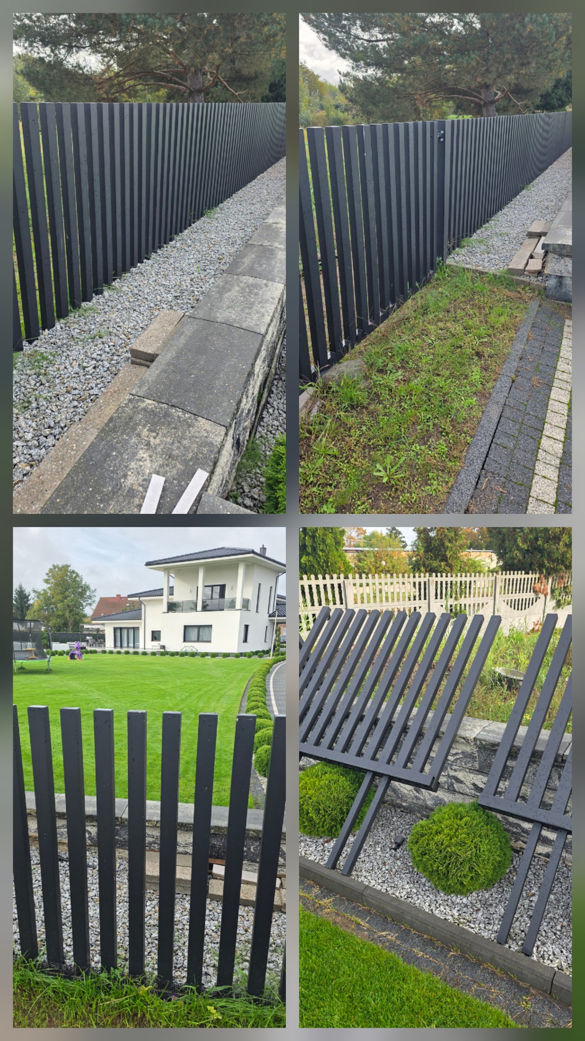 Nowoczesne, pionowe ogrodzenie metalowe w kolorze grafitowym, oddzielające posesję z trawnikiem i kostką brukową. Widoczne elementy montażowe i podłoże z kamyków.